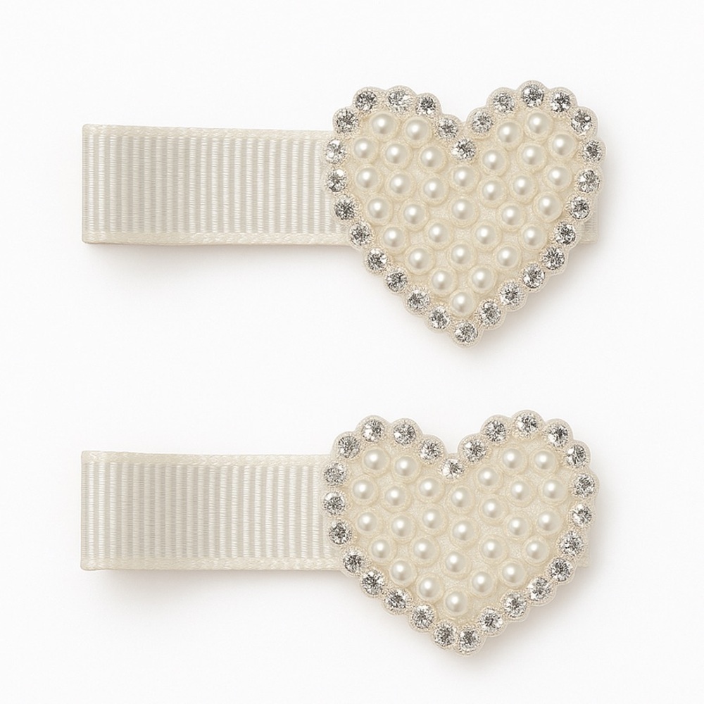 White Heart Hair Clips With Pearls And Rhinestones